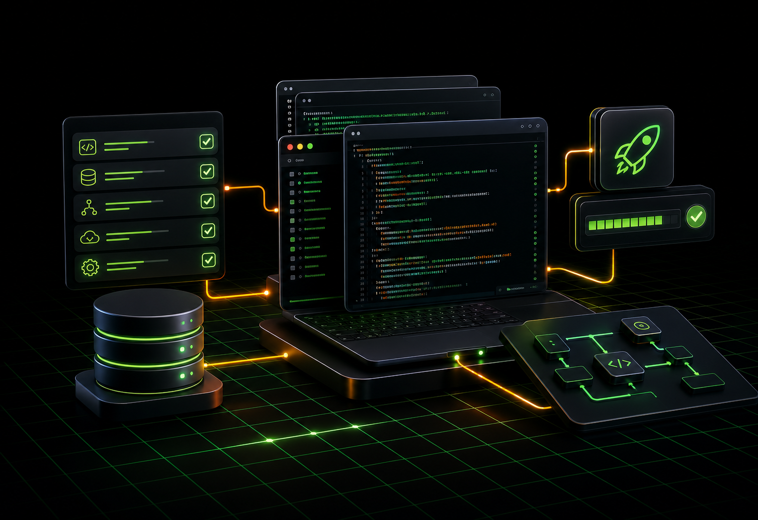 Workflow tạo sản phẩm bằng AI gồm code, database, checklist và deploy